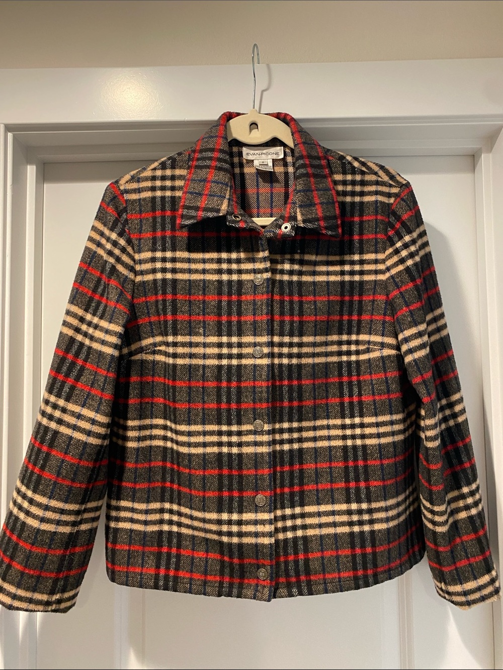 Evan Picone Black, Tan & Red Plaid Wool Blend Pea Coat